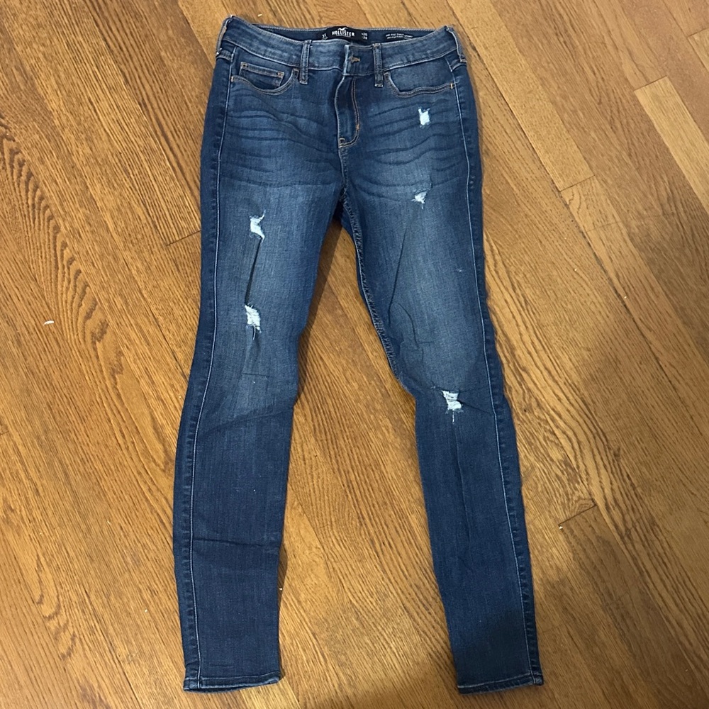 Hollister Dark Blue Distressed Skinny Jeans | Mid-Rise Super Skinny